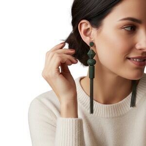 Chic‎ Statement Tassel Drop Earrings Dark Green Geometric Beads